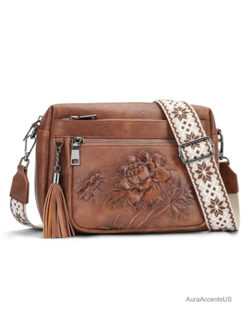 Vegan Leather Embossed Crossbody Bag Medium Zipper Purse